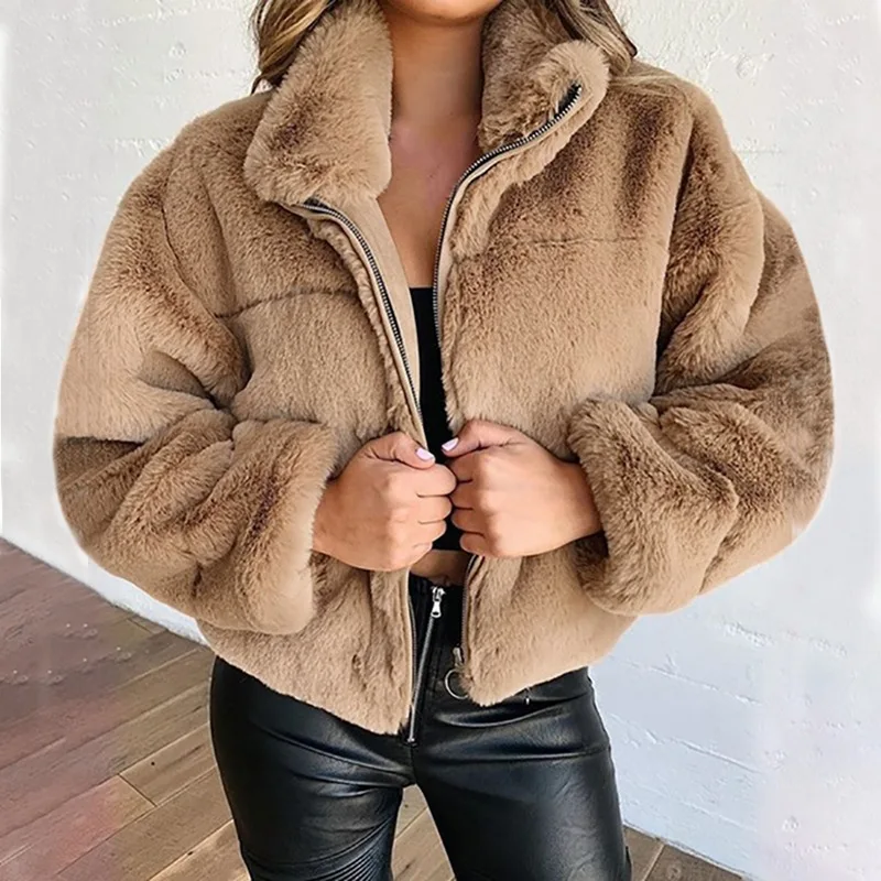 Winter Warm Jacket Women Long Sleeve Zipper Coat Solid Stand Up Collar Outerwear Plush Female Clothes Autumn S- 5XL