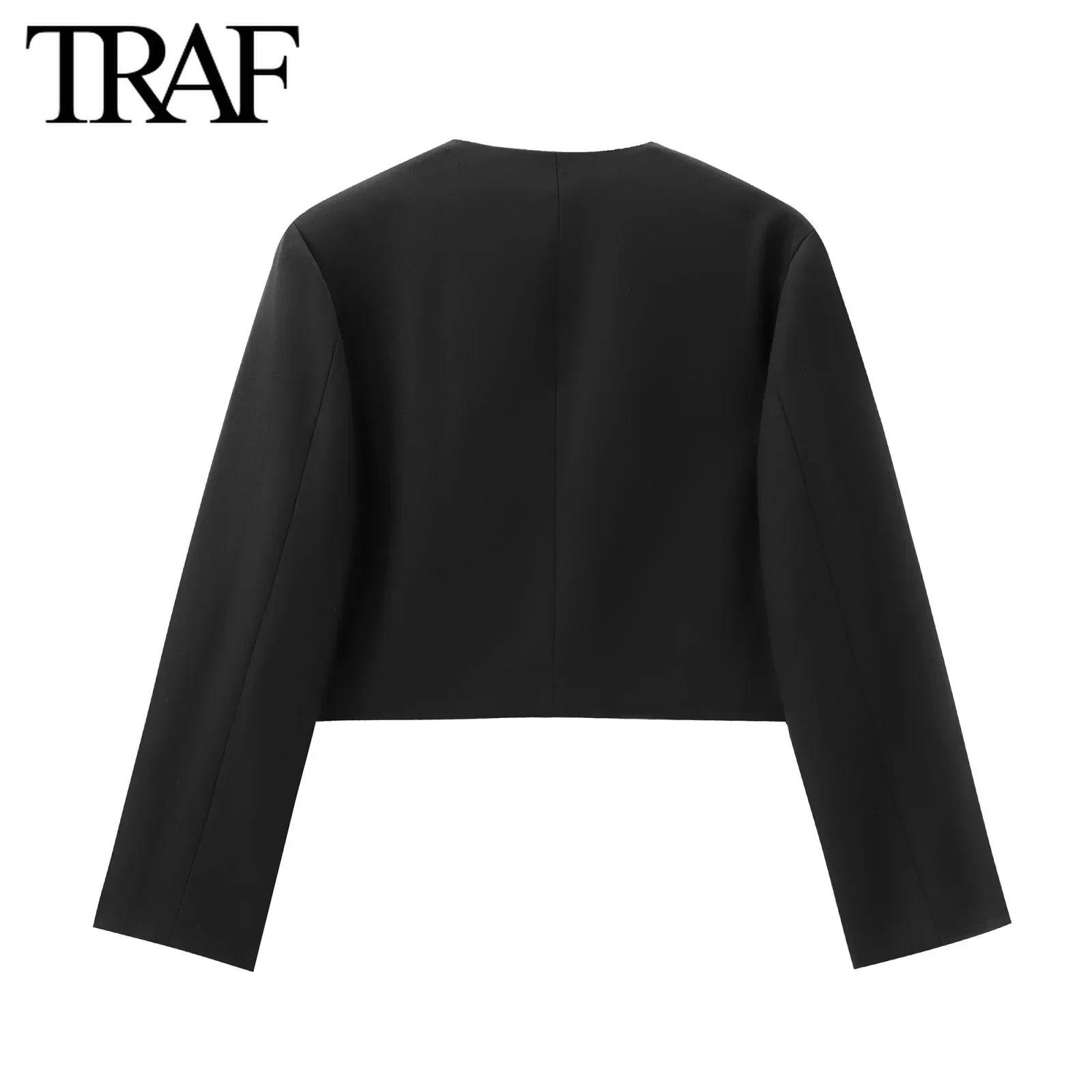 TRAF Women Fashion Autumn New Casual Jacket Round Neck Long Sleeved Single-breasted Pocket Short Coats Chic Ladies Tops Mujer