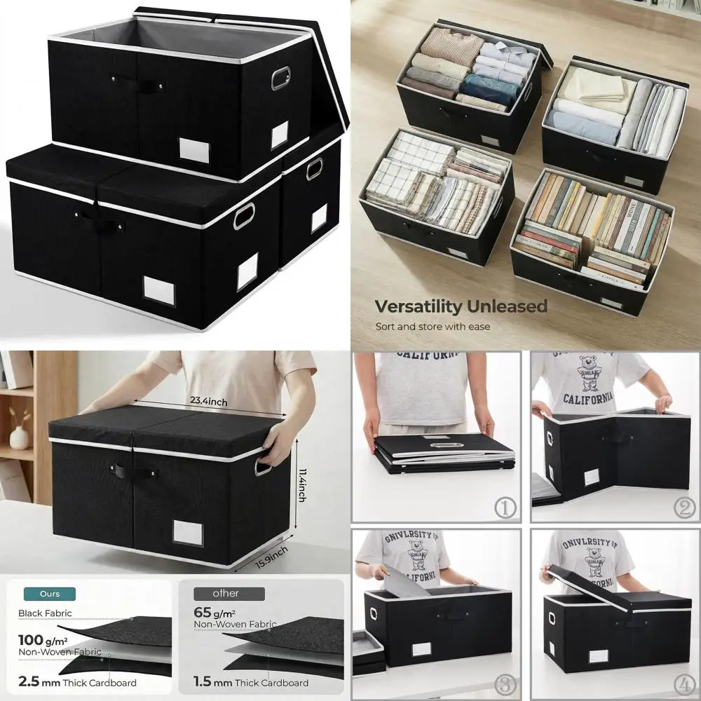 

Складные тканевые коробки для хранения с крышками, набор из 3 штук, контейнеры-органайзеры для дома, спальни, гардероба или офиса, черные (23.4x15.9x)