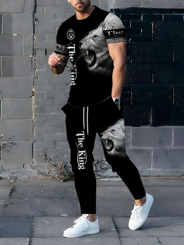 Men's Short-Sleeved T-Shirt+Long Pants 2 Sets Fashion 3D Digital Print Lion Tiger Top Elastic Trouser Suit Male Tracksuit