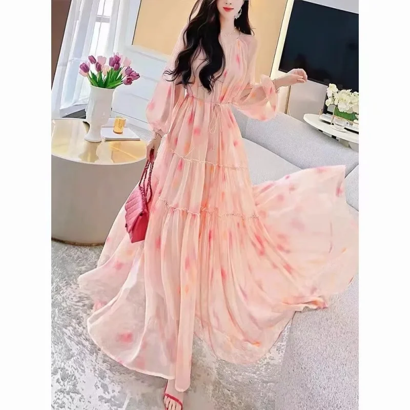 فستان شيفون فرنسي مُزين بنقشة الزهور لربيع وصيف 2026 للنساء اللطيفات والتخسيس، فستان طويل أنيق للإجازات w1619 #6