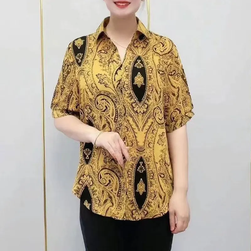 Casual Vintage Printed Loose Shirt Female Clothing Commute Short Sleeve 2023 Summer Fashion Turn-down Collar All-match Blouse