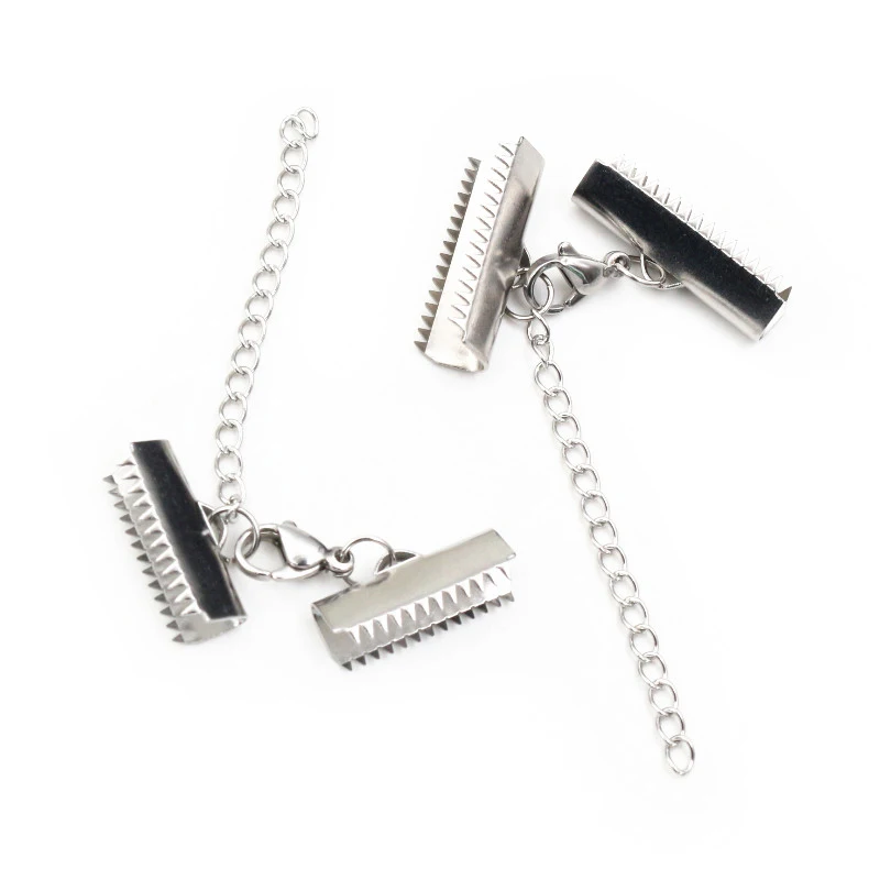 10pcs Stainless Steel Ribbon Leather Cord End Fastener Clasps With Chains Lobster Clasps Connectors For Bracelet Diy Making