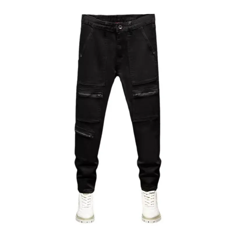 Street Fashion Men Jeans Black Stretch Slim Fit Spliced Designer Biker Jeans Homme Zipper Pocket Hip Hop Denim Pencil Pants Men