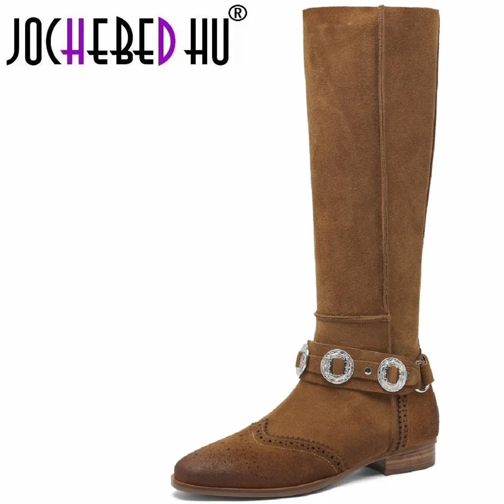 

【JOCHEBED HU】Handmade Brand Genuine Leather Metal Buckle Decoration Women Western Square Heel Round Toe Fashion Rome Solid34-40