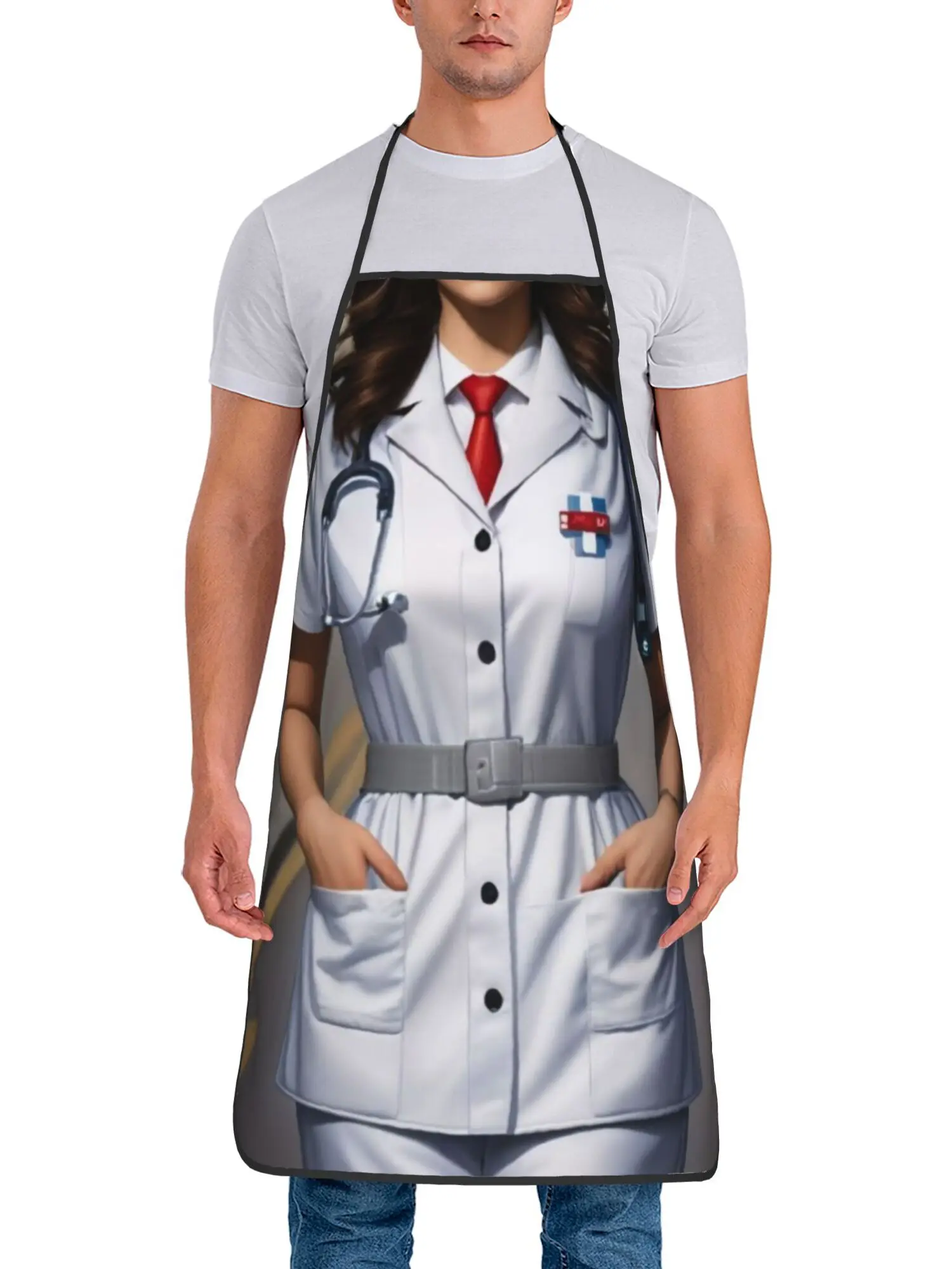 Doctor Costume Apron – Photorealistic White Lab Coat Print with Stethoscope & Red Tie, Front Pockets, Polyester, Unise