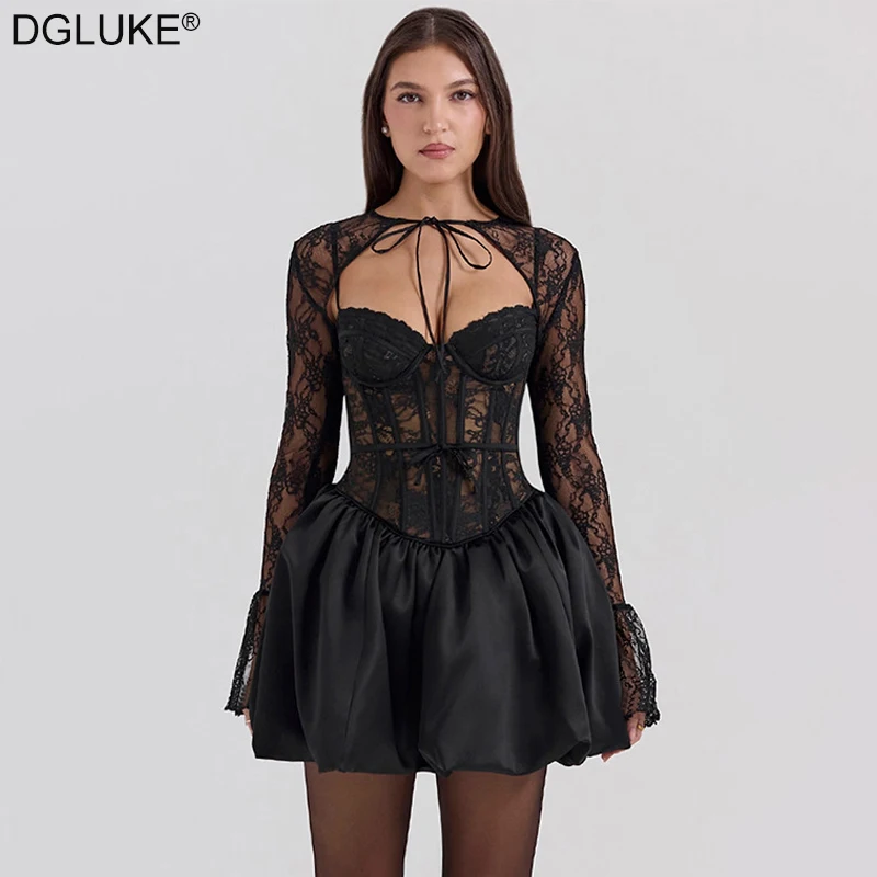 

DGLUKE Black Lace Corset Mini Dress Women Spaghetti Strap Backless A-line Dress With Bolero Vintage Short Prom Evening Dress