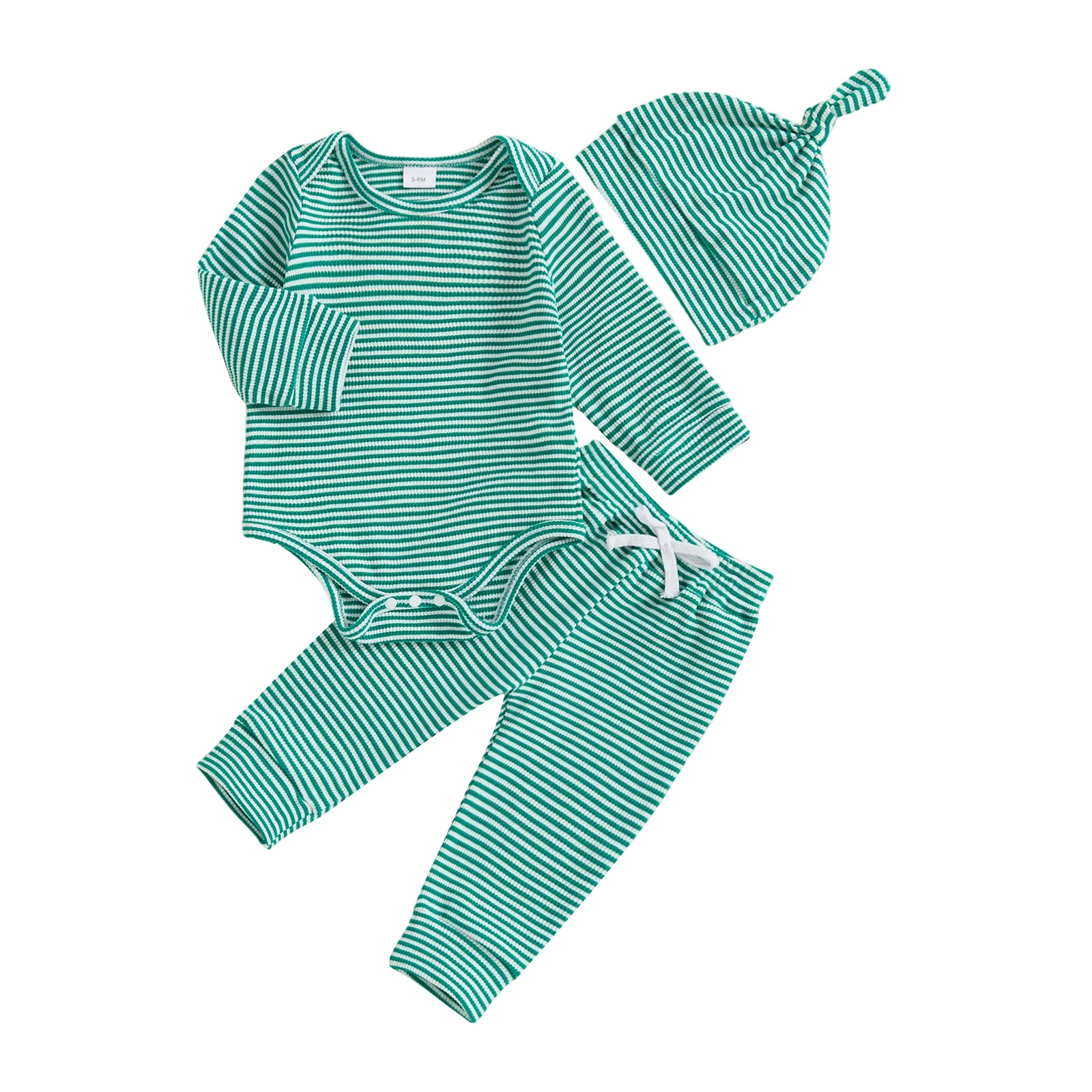 Baby Boys and Girls Fall Outfits Striped Crew Neck Long Sleeve Romper Pants and Cap 3 Pcs Set