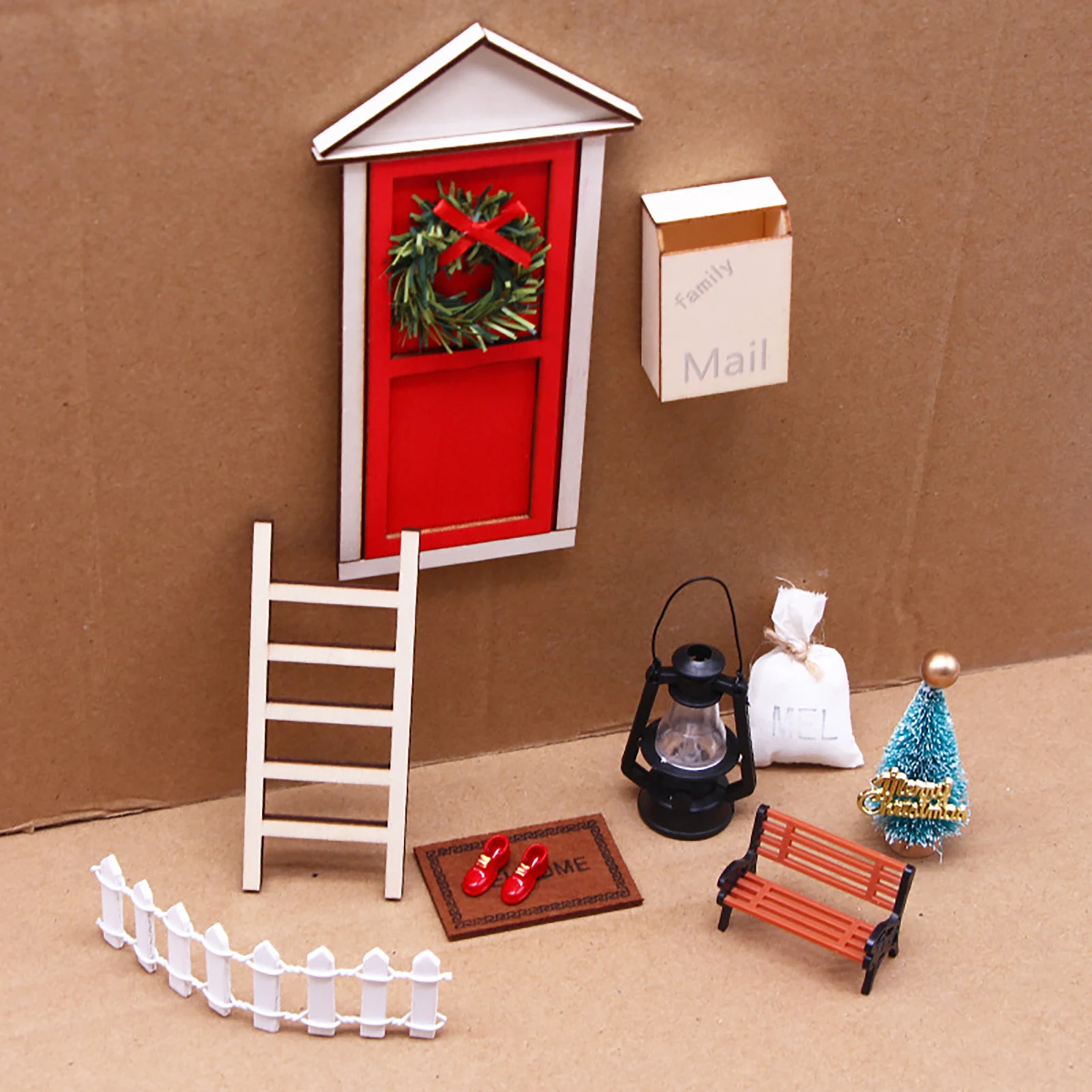 10pcs DIY Christmas Miniature Scene Door Set with Ladder Letter Box Mini Elf Door House Christmas Party Home Decoration