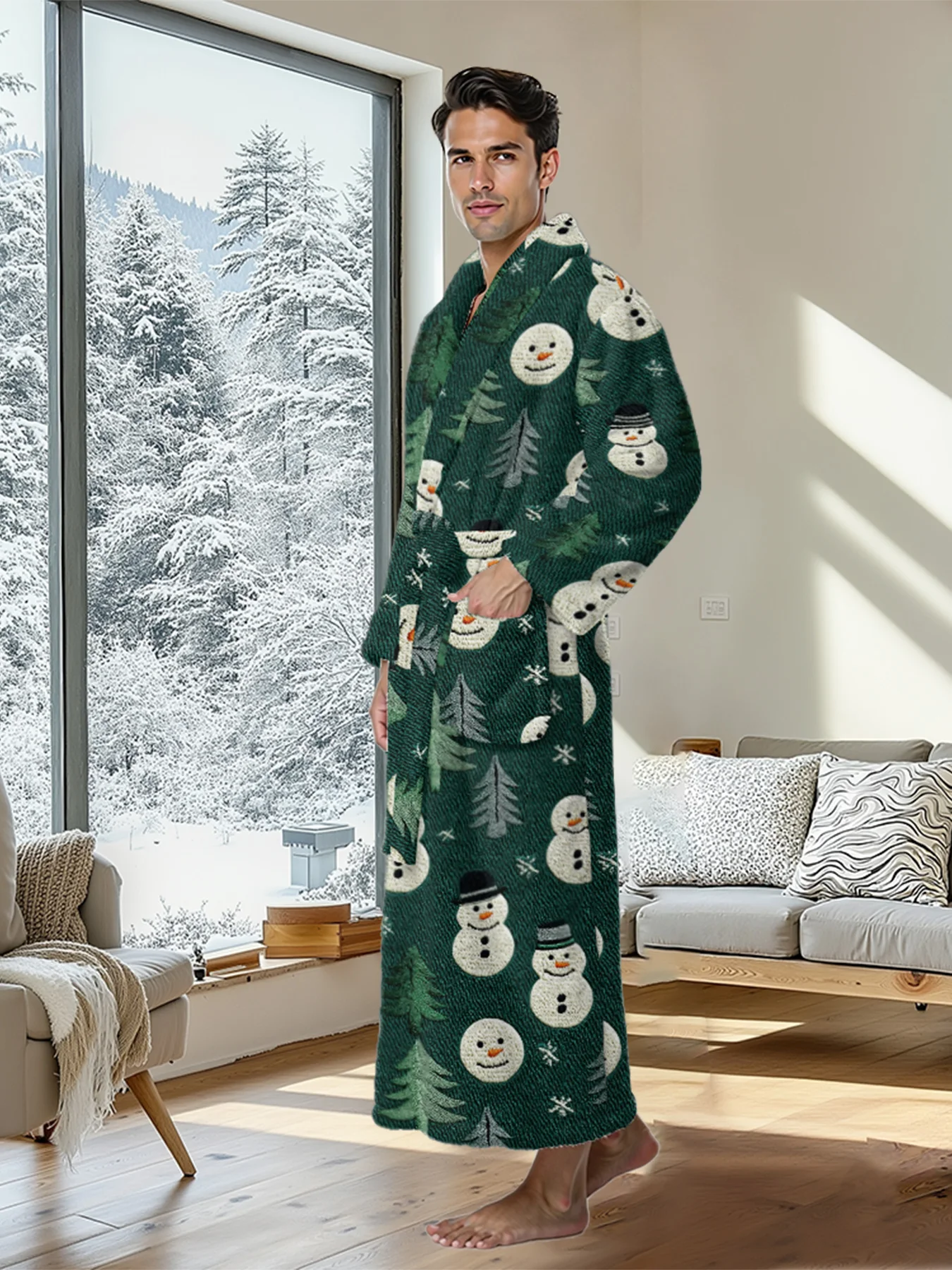 Christmas Snowman Winter Print Long Robes Home Sleepwear Comfort Bathrobes Soft Flannel Fabric Waist Tie Relaxing Loungewear