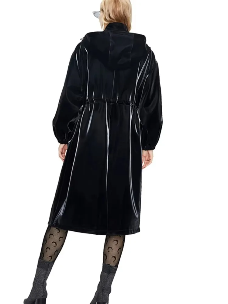 Mauroicardi Spring Waterproof Shiny Reflective Black Hard Patent Faux Leather Coat Women with Detachable Hood Zip Up Streetwear