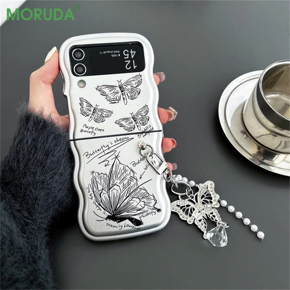 Z Flip6 Matte Silver Fashion Butterfly Phone Case for Samsung Galaxy Z Flip5 Flip 6 5 4 3 Zflip4 Wave Border Cover with Pendant