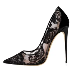 Super High Heel White Pumps Lace Women High Heel Shoes Hollow Pointed Toe Wedding Shoes Big Size 46 Black Sexy Heels Dress Shoes