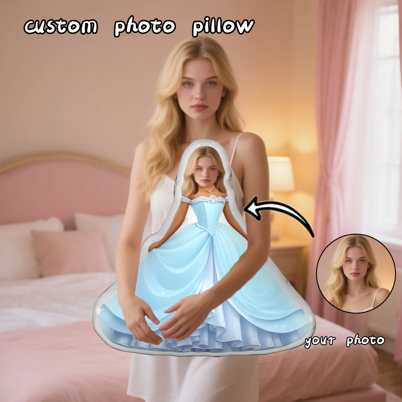 A Custom Photo Pillow, Blue One-Shoulder Princess Dress - Pillow, Suitable for Graduation Ceremonies, Themed Parties, Birthday P