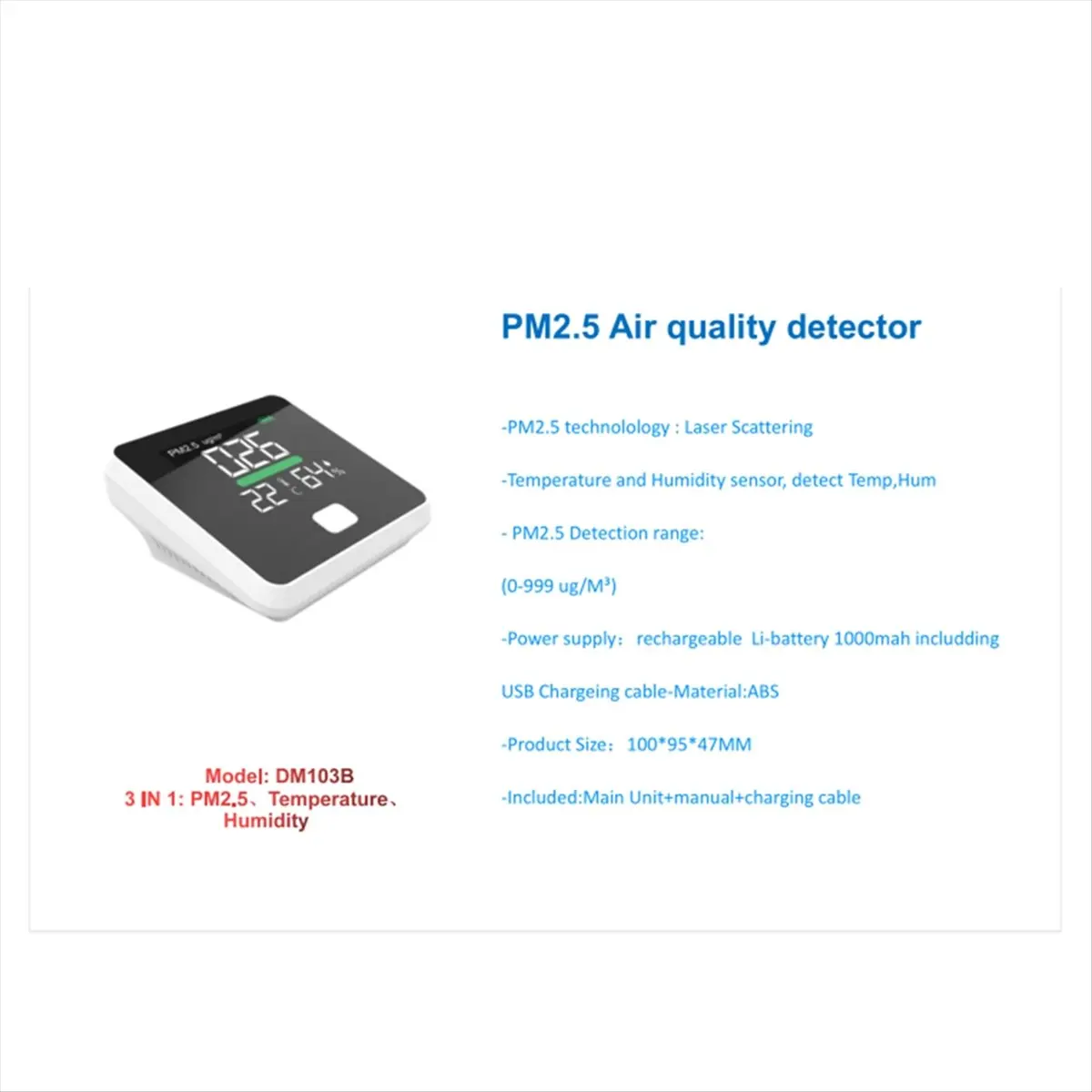 【DT56】DM103B Portable Digital Air Quality Detector PM2.5 CO2 Tester Multifunctional Air Quality Monitoring Instrument