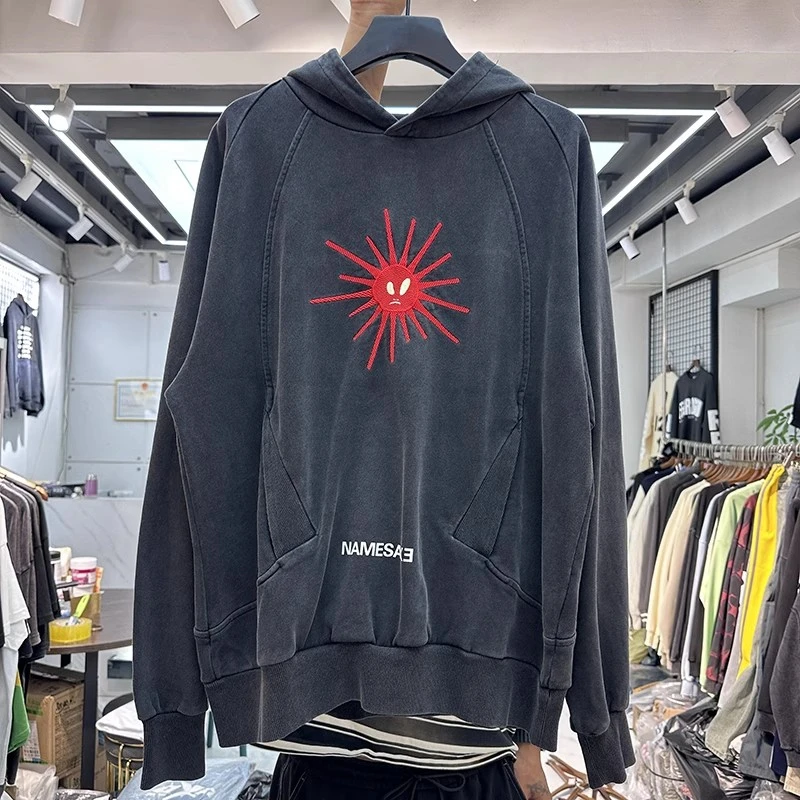 

Top Version Vintage Washed Embroidered Sun Pattern Hoodie Men Women Sweatshirts Oversize Pullovers Hooded Fasion