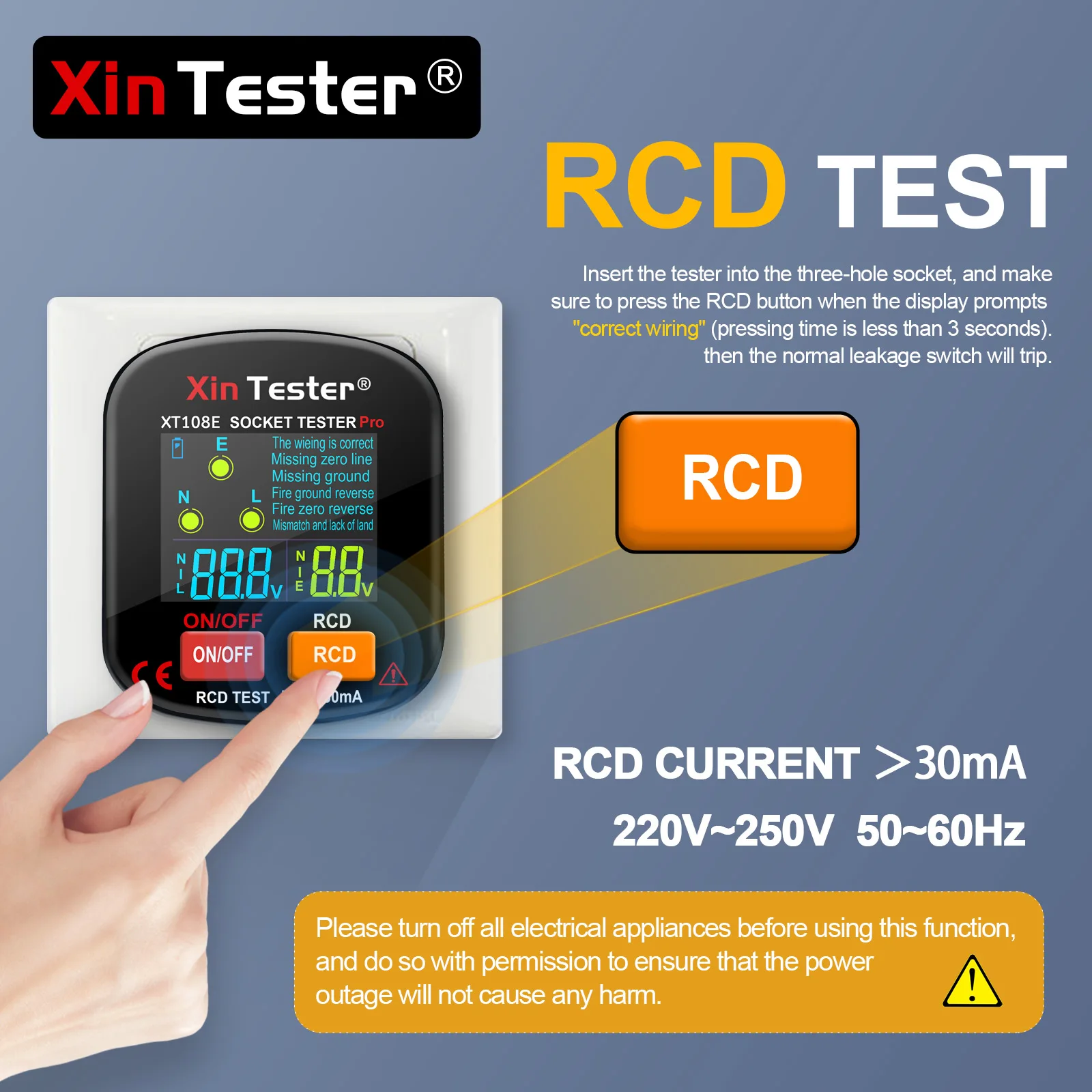 Xin tester 30ma tela colorida soquete testador de saída detector rcd terra ao vivo zero linha polaridade fase verificação tensão ferramenta