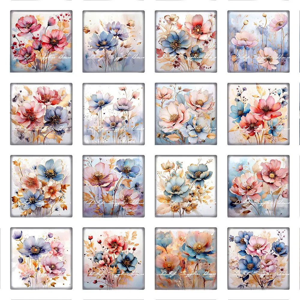 10pcs/lots Square Watercolor Flower Photo Glass Cabochon Charms Demo Flat Back Cameo For Diy Jewelry Making Accessories