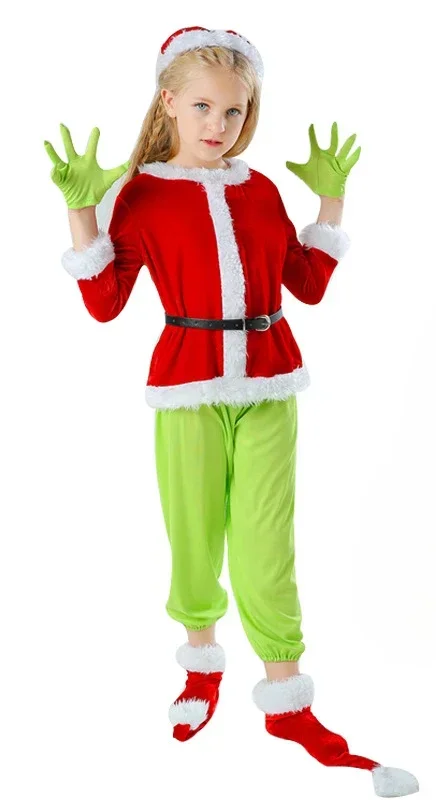 Santa Cosplay Costume Grinch Green Hairy Monster Party Dress Christmas Tops Pants Hat Gloves Shoes Cover Mask Family Outfit