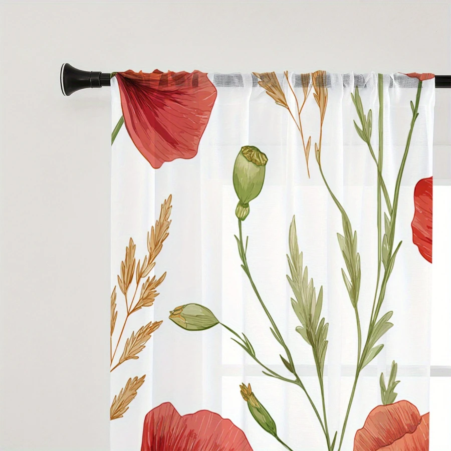 2PCS Digital Print Sheer Curtains, Red Poppy Flower Pattern, Vintage Oil Painting Style for Living Room Home Window Decor - view 6