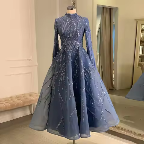 Sparkling Short Evening Dress High Neck Long Sleeve Beadding A-line Formal Prom Gown Cocktail Party Dress Customized