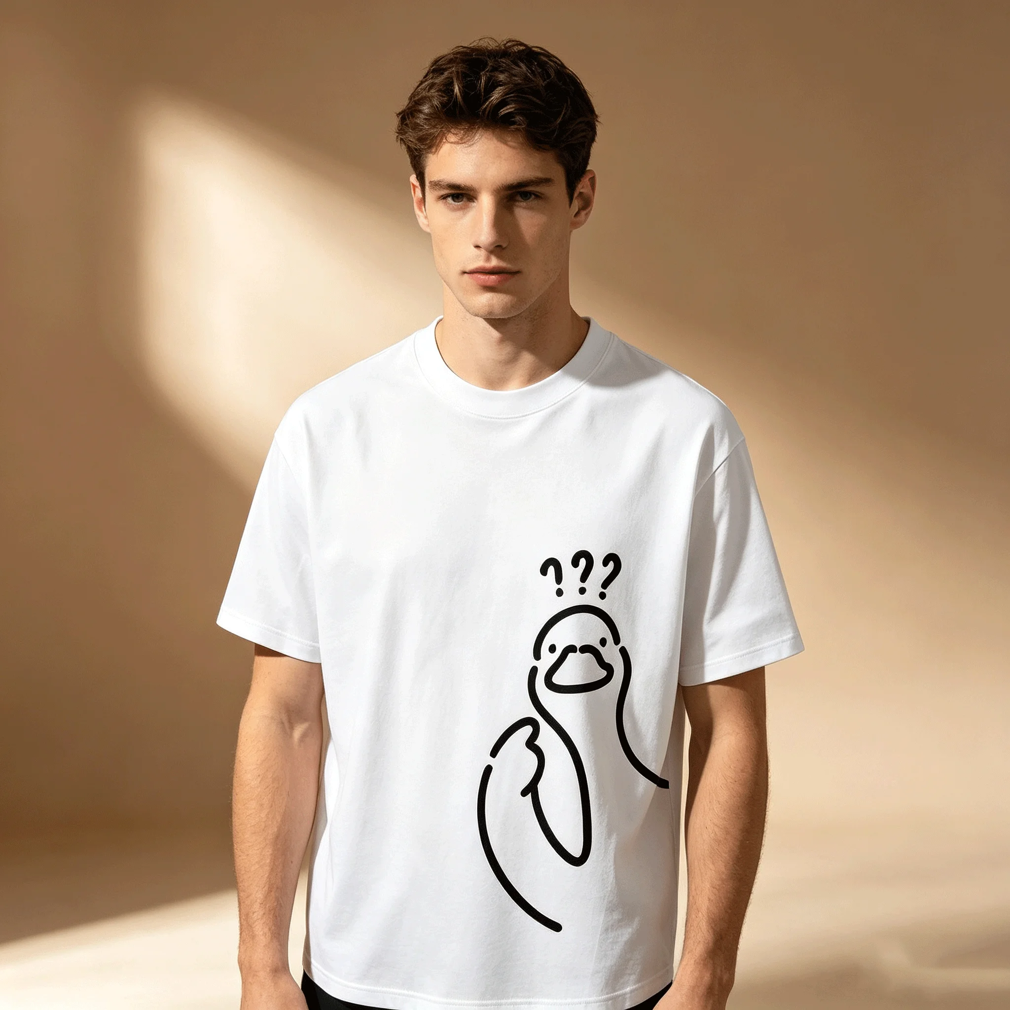 Confused Question Mark Duck Pattern T-shirt - Men's Fun Artistic Line Print Short-Sleeved Casual Streetwear Summer T-shirt