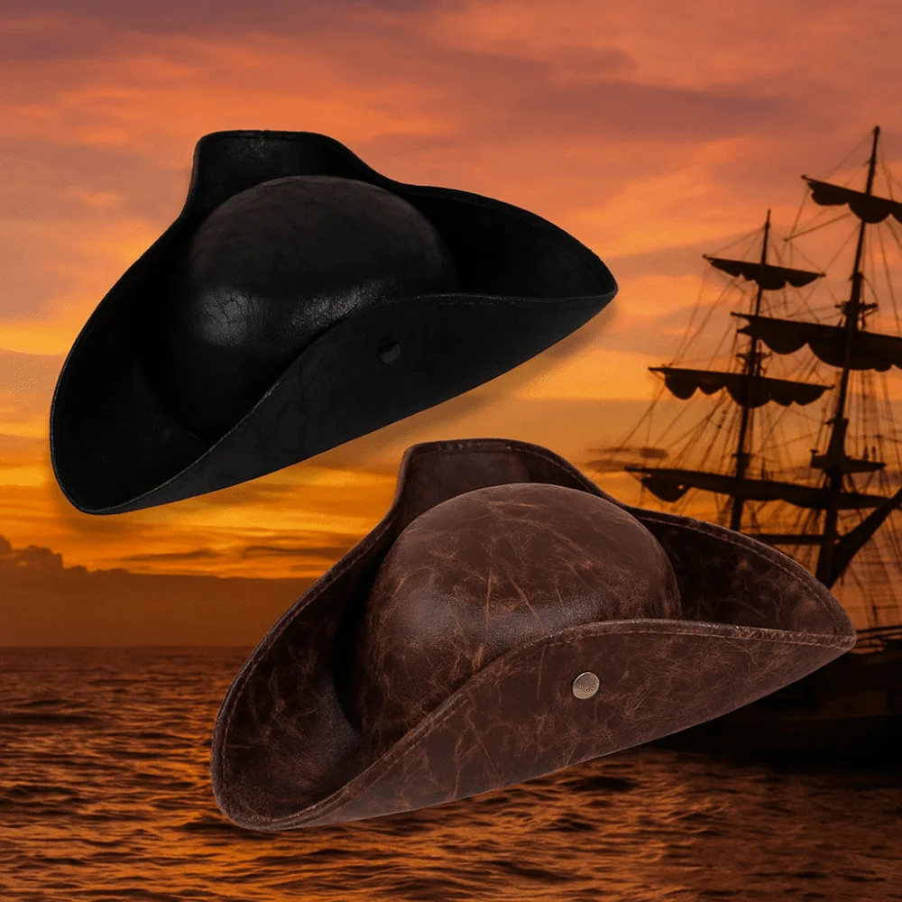 

PU Leather Halloween Pirate Hat Triangular Vintage Captain Tricorn Hat Buttoning Design Masquerade Party Cosplay Hat Adult