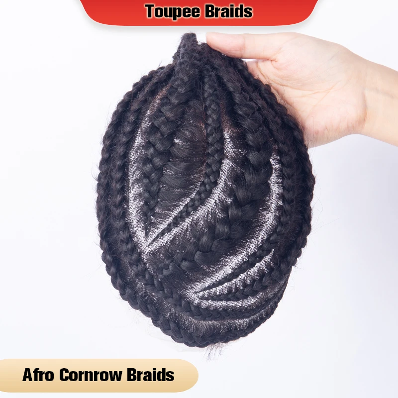 Toupee For Men Braiding Hair System Human Hair Afro Cornrow Braids Hairpieces PU Lace Base Hair Replacement Men Toupee Male Wigs