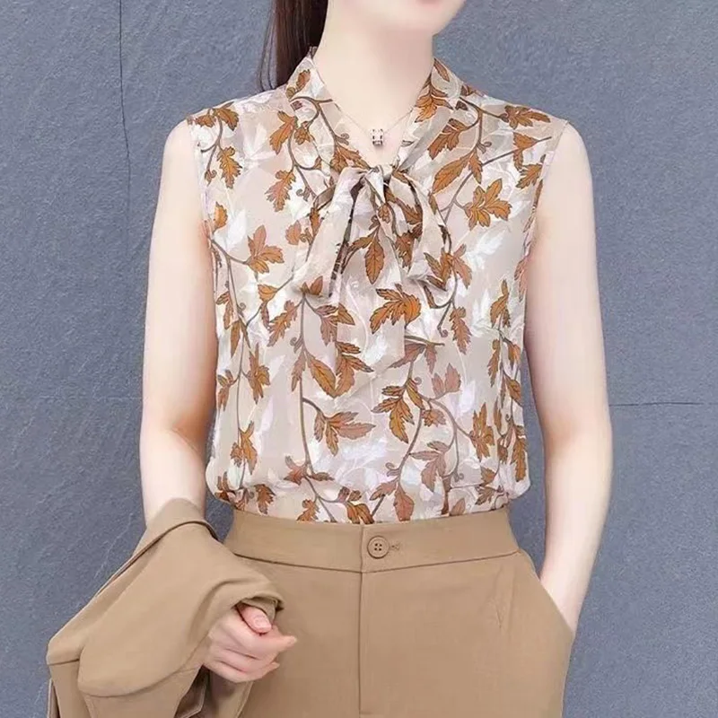 Elegant V-Neck Printed Loose Lace Up Bow Chiffon Blouse Women Clothing 2023 Summer New Casual Pullovers Sleeveless Korean Shirt