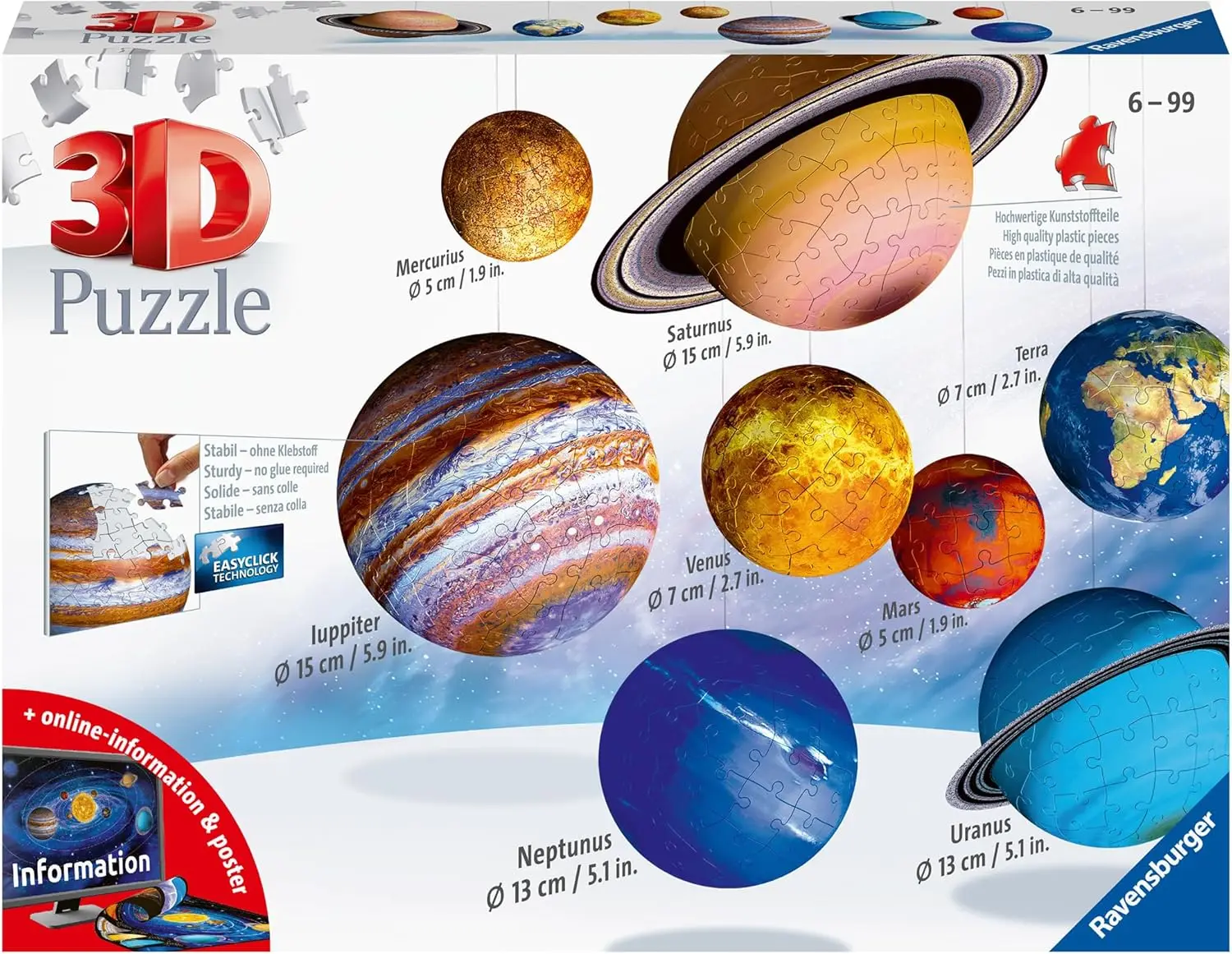 

Solar System 540 Piece - 9 Planet 3D Jigsaw Puzzle Set for Kids & Adults | Easy Click Technology | Durable Material | Add a Spla