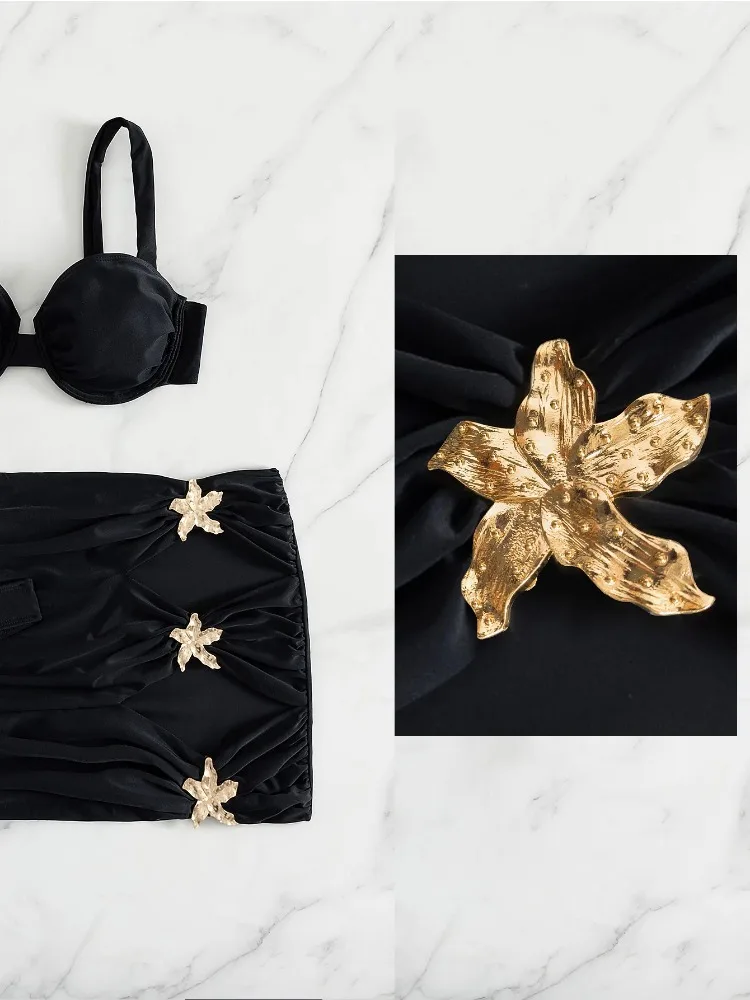 2025年女性用セクシープッシュアップアンダーワイヤーブラックホローアウトスターフィッシュスカート3ピースビキニセットサマーホリデー水着バケーション衣装