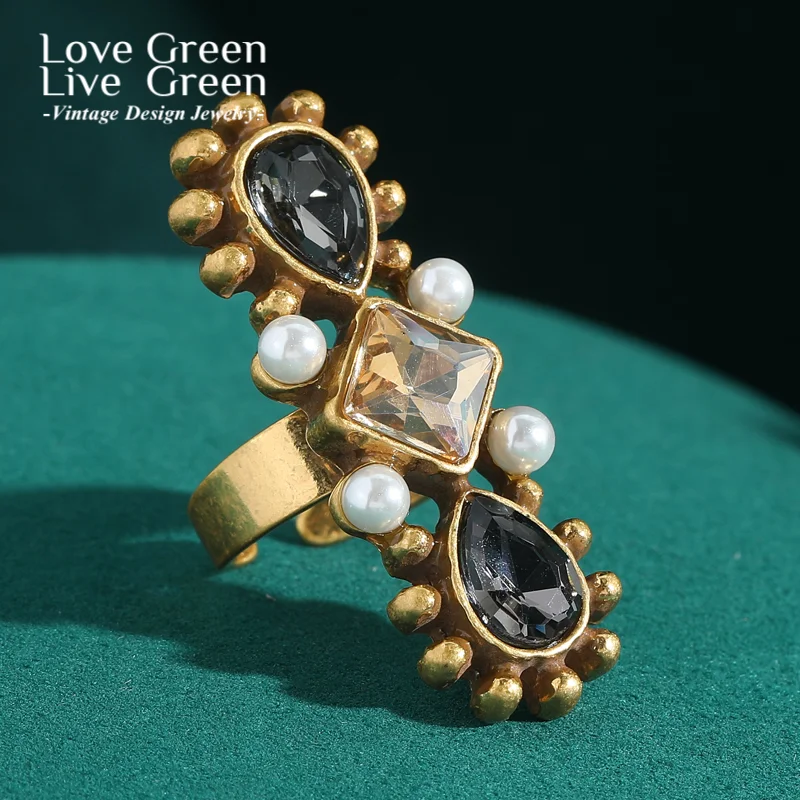 

Vintage Large Gary Crystal Ring For Woman Flower Water Drop Black Gold Color Open Luxury Quality Accessories Trends 2025 New