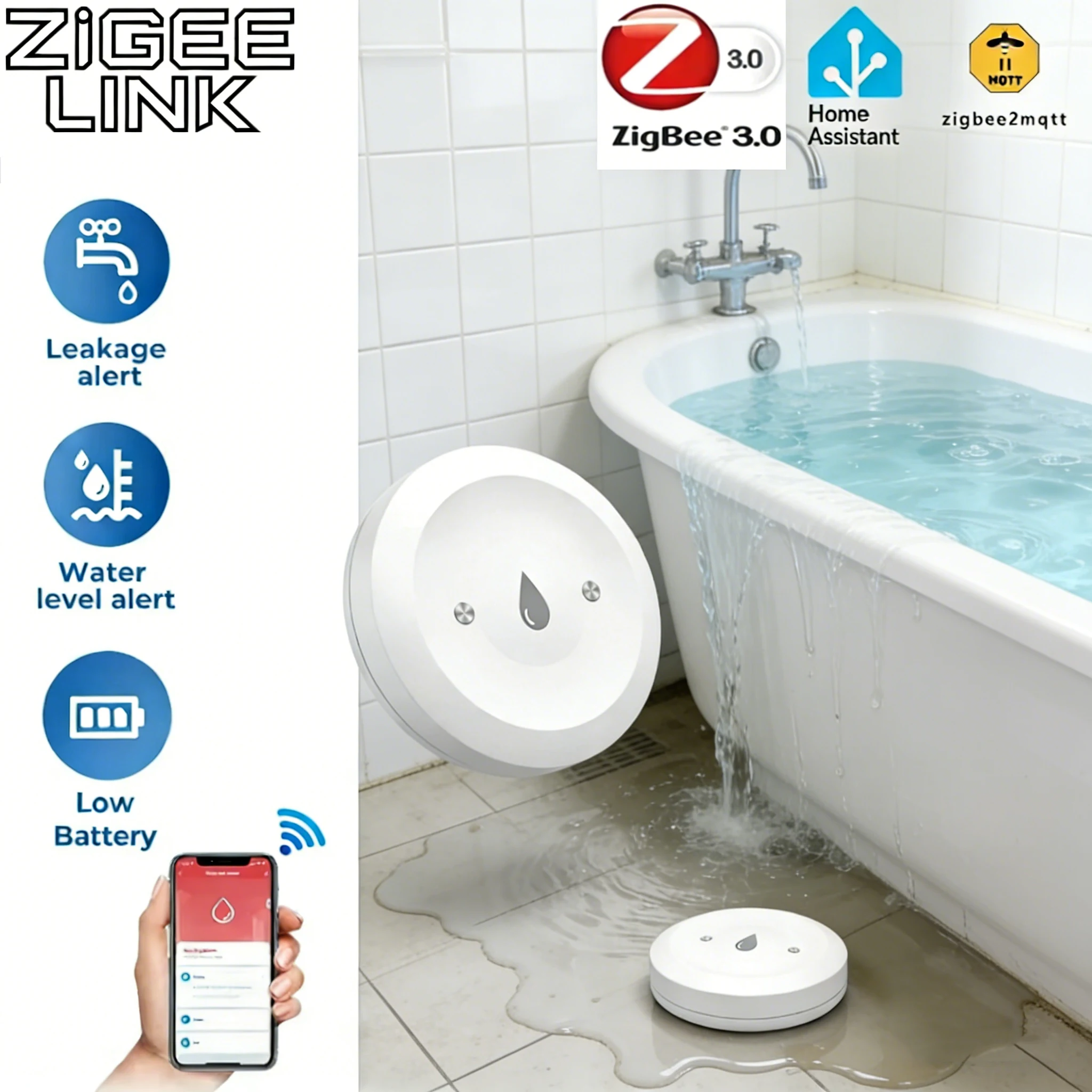 

Датчик протечки воды Zigbee, умный детектор затоплений, приложение для удаленного мониторинга, Smart Life, Home Assistant, охранная сигнализация для кухни и ванной комнаты