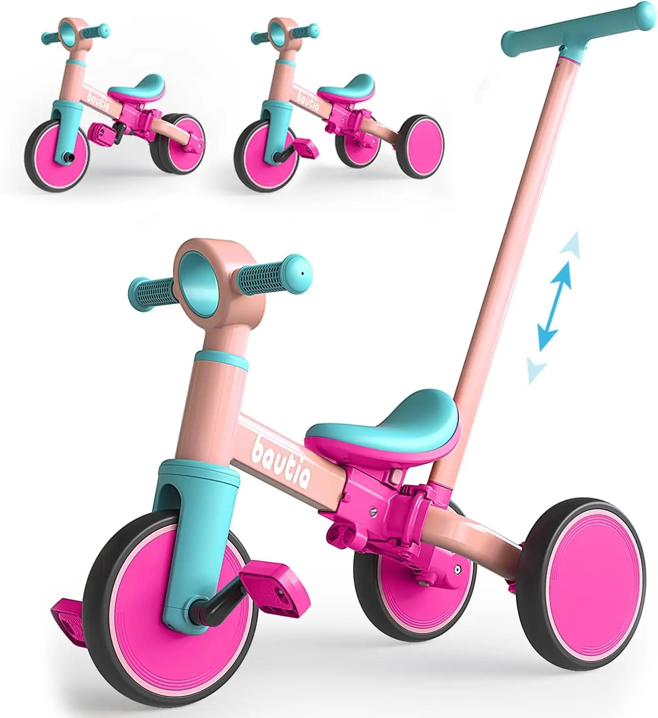Kids Tricycle with Push Handle for Toddlers 1-4 Years Old Boys Girls Gift, 5 in 1 Baby Balance Bike for Toddlers 1-3 with Remova