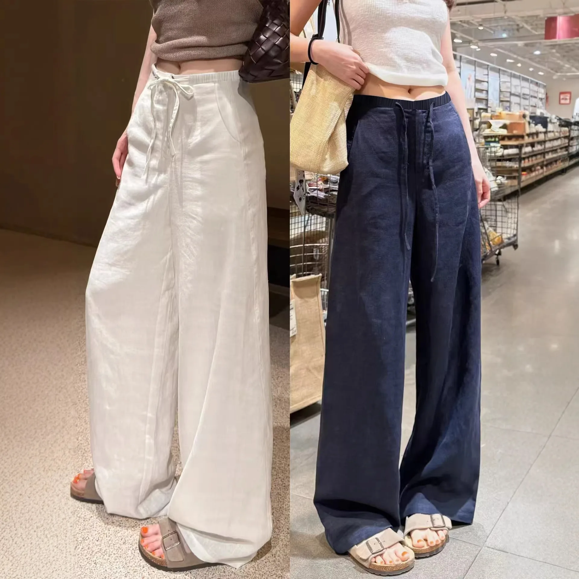 Women Navy Blue Cotton Linen Straight Wide Leg Pants 2026 New Thin High Rise Loose Lazy Fit Spring Summer Daily Casual Trousers