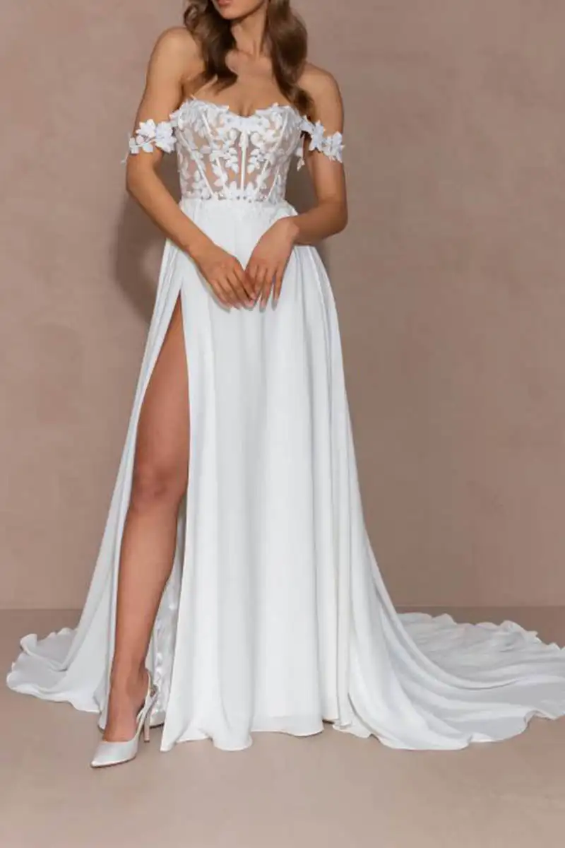 

Boho Bridal Dresses 2023 Off Shoulder Lace Applique A Line Front High Slit Spandex Bride Gowns Formal Party Women Elegant Dress