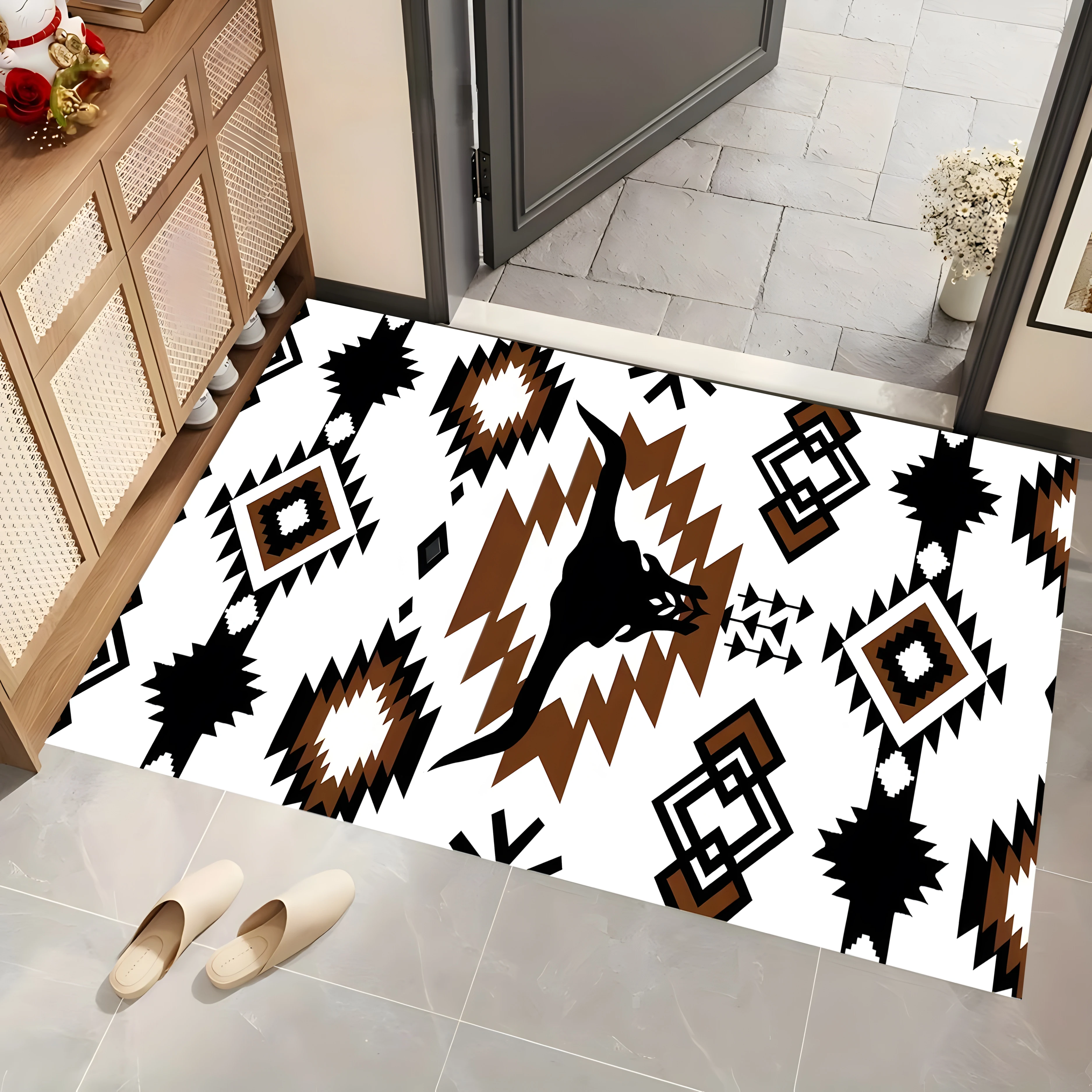 2D Carpet with Aztec Geometric Bull Head Pattern in Retro Ethnic Style for Living Room and Bedroom