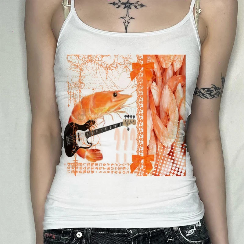 Funny Shrimp Bass Guitar Collage Graphic Print Women Long Sleeve T‑Shirt Slim Fit Novelty Ladies Tops