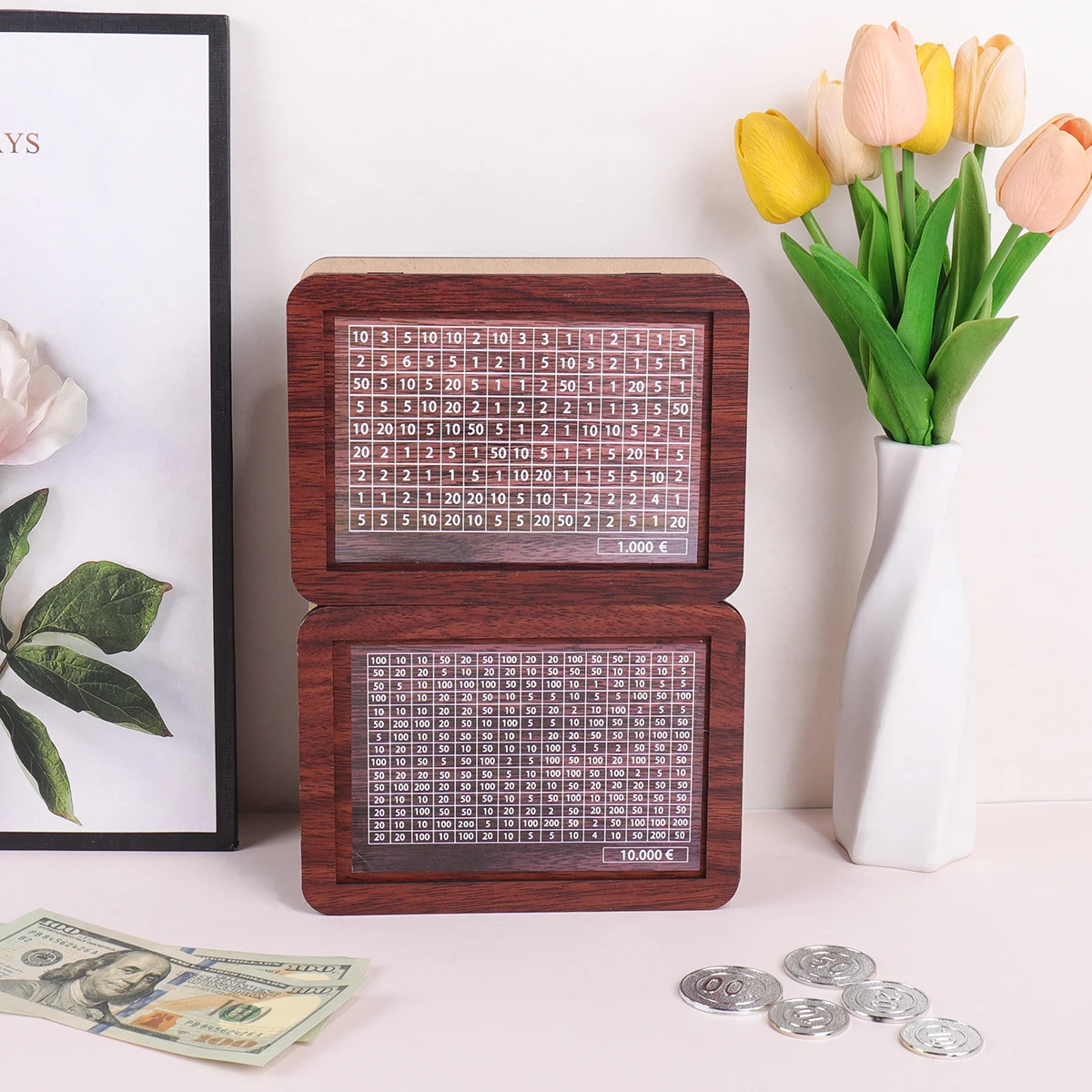 

Vintage wooden money box, Euro goal cover design, personal savings challenge Piggy bank, home décor ornament, surprise gift