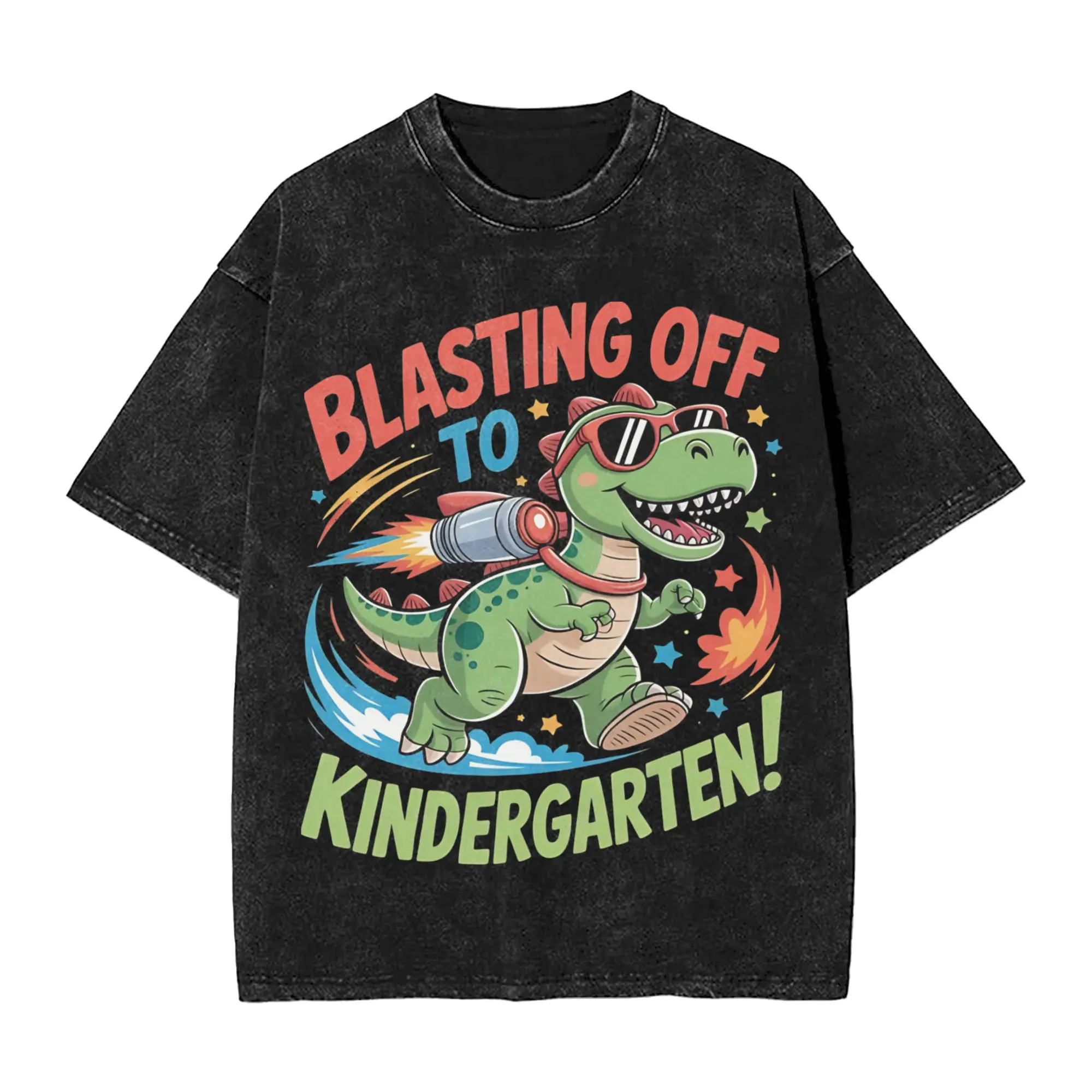 Novelty Cute Dino Blasting Off Jetpack  Vintage Washed T Shirt Men Cotton Short Sleeve Dinosaur  Meme Round Neck Summer Clothing