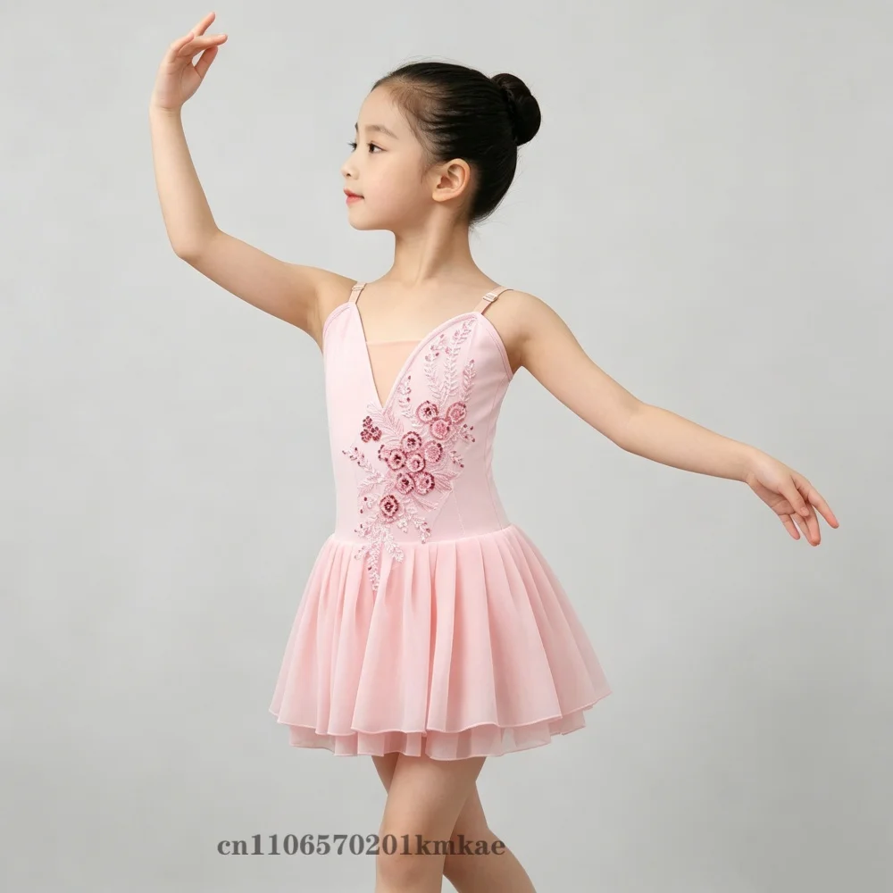 

Girls Pink Chiffon Ballet Leotard with Skirt Professional Cupid Style Dance Costume for Kids Contemporary Performance Outfit