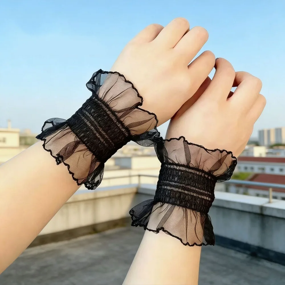 

Cute Lace Rose Flower Short Sleeve Gloves Detachable Black White Lace Wrist Cuffs Elastic Fake Sleeves Women