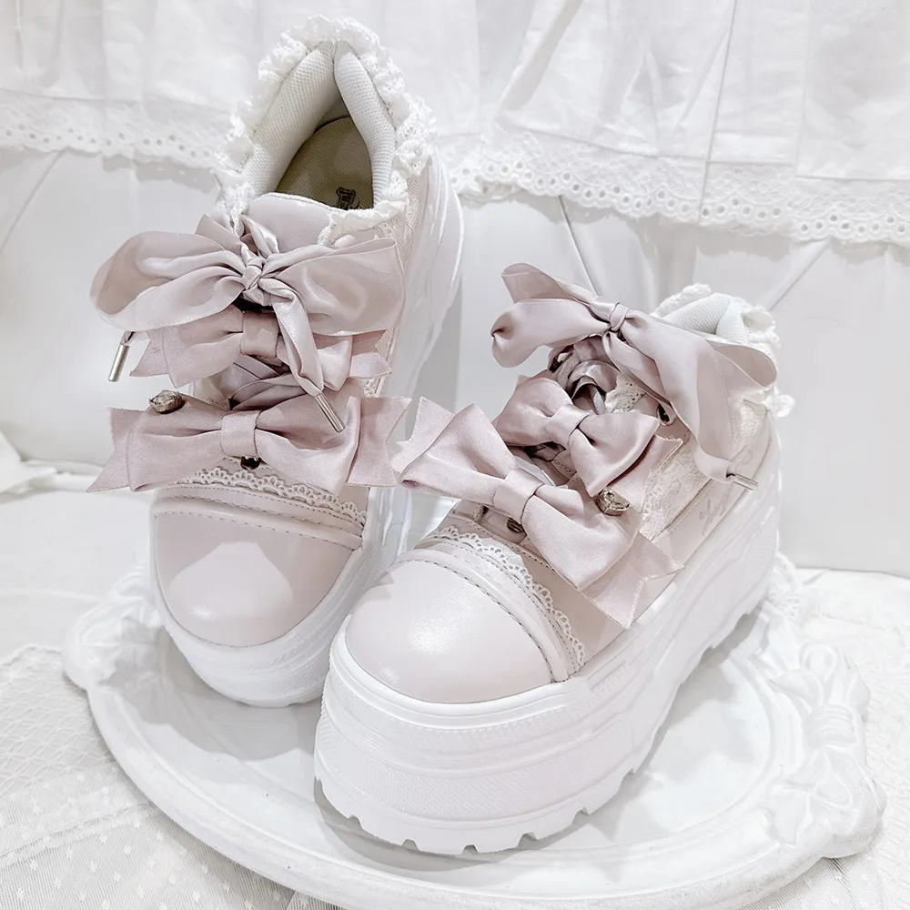 Original Mass-produced Pink Platform Muffin Shoes Spring Autumn Students Casual Shoes Girl's Sweet Cute Bow Lolita High Heel Pum