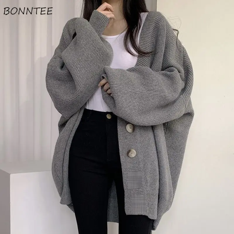 S-3XL Cardigan Women Students Baggy Chic Tender Solid Leisure Lantern Sleeve Simple Outwear Autumn Preppy Knitting Retro Elegant