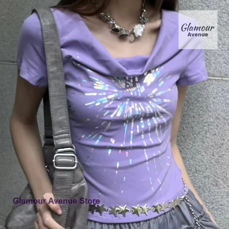 

American sweet and cool spice girl purple waist chic and beautiful short-sleeved T-shirt female summer short design casual top