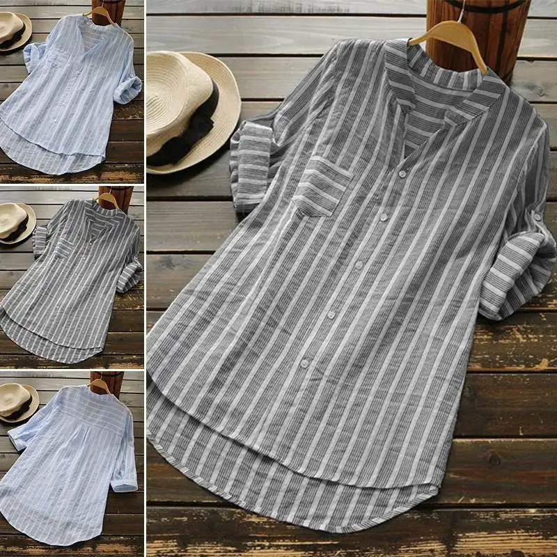 الصيف Faion عادية مخطط V-Ne Seven-Sve المرأة irt الشارع Sle مستقيم قطع ميدي طول زر إغلاق