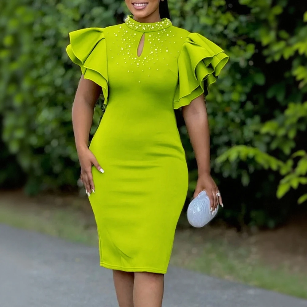 Vestido elegante informal de otoño para mujer con mangas de mariposa recortadas y cuello simulado hasta la rodilla estilo vestido de noche