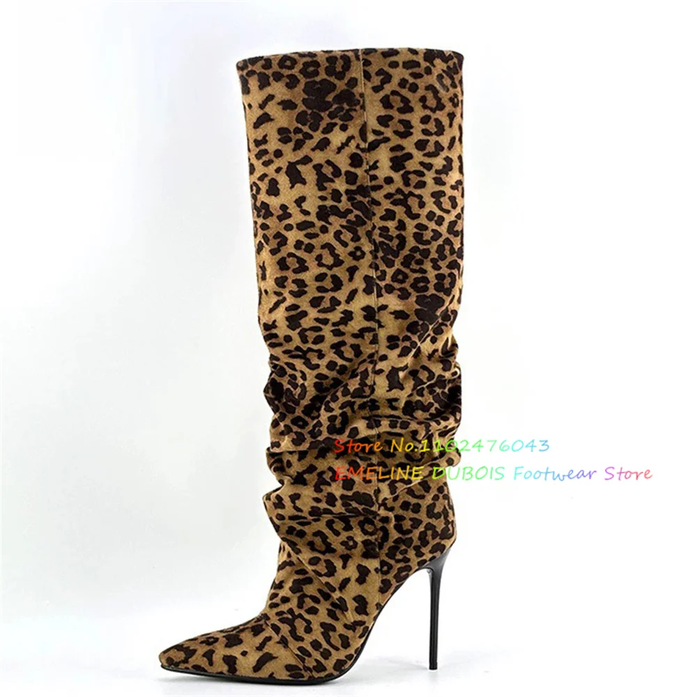 

Замшевые сапоги до колена с леопардовым принтом, женские плиссированные элегантные однотонные сапоги до колена с острым носком на шпильке, новинка 2025, длинные сапоги