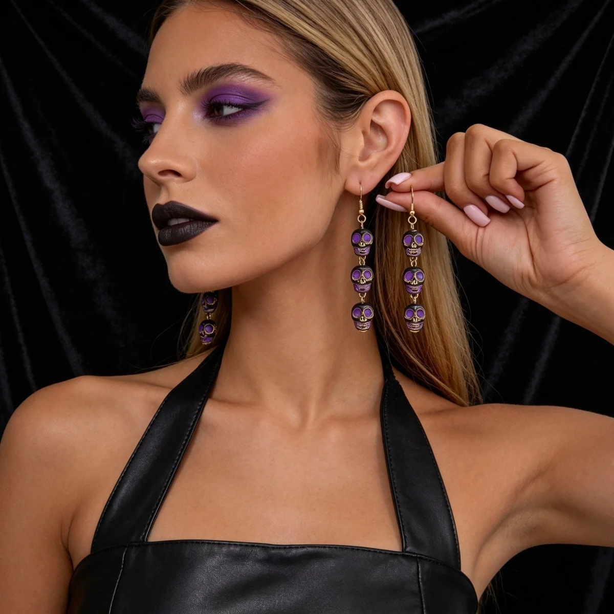 Lila-schwarze, dreifach stapelbare Totenkopf-Ketten-Ohrringe für Damen, Halloween, Gothic, cool, Skelett-Kopf-Ohrringe, Party-Schmuck – Detail 15