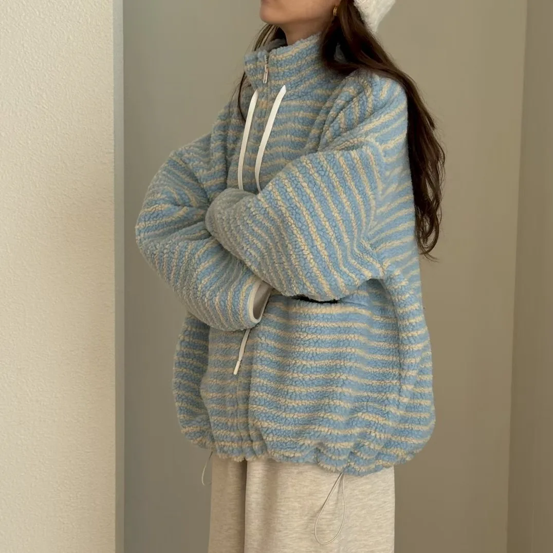 Chic Winter Women's New Arrival Long Sve Striped Lazy Sle Zipper Design Coat Fre Youthful Korean Faion Outerwear